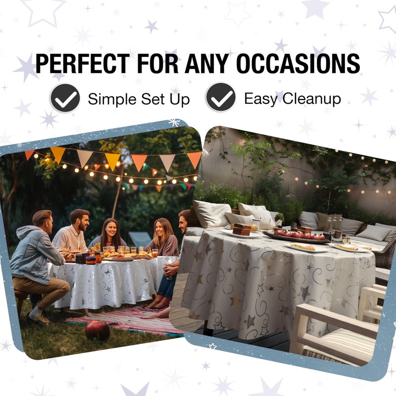 Exquisite Silver Star Tablecloth Plastic 12-Pack Disposable Round Tablecloths 84" Silver Star Table Cloths Round Table Covers Plastic Tablecloth for Party Decorations - Image 5